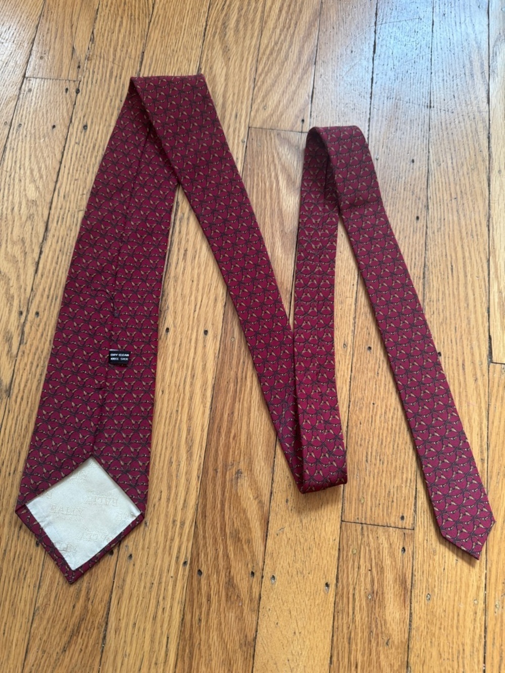 Bally Burgundy Silk Tie with Gold and Black Motif - Picture 3 of 7